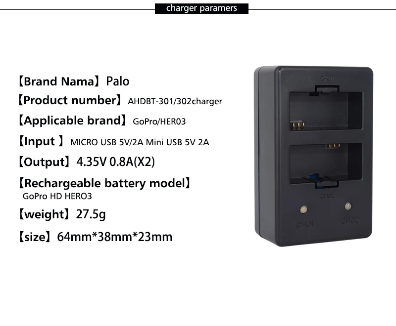PALO 2 шт. Hero 3+ батарея 3,7 V AHDBT-301 Hero3 батарея+ USB двойное зарядное устройство для GoPro Go Pro Hero 3+ AHDBT302 аксессуары для камеры