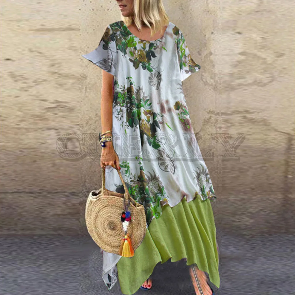Image Cuerly Women Vintage Floral Print Long Dress Ladies Casual O Neck Short Sleeve Patch Asymmetrical Beach Dress Robe Longue Femme