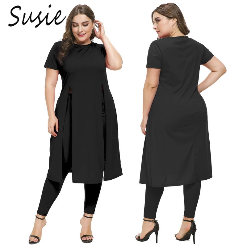 

2PCS Plus Size Women Casual Short Sleeve Split T Shirt Top + Long Pants Legging Loose Blouse Shirt Dress