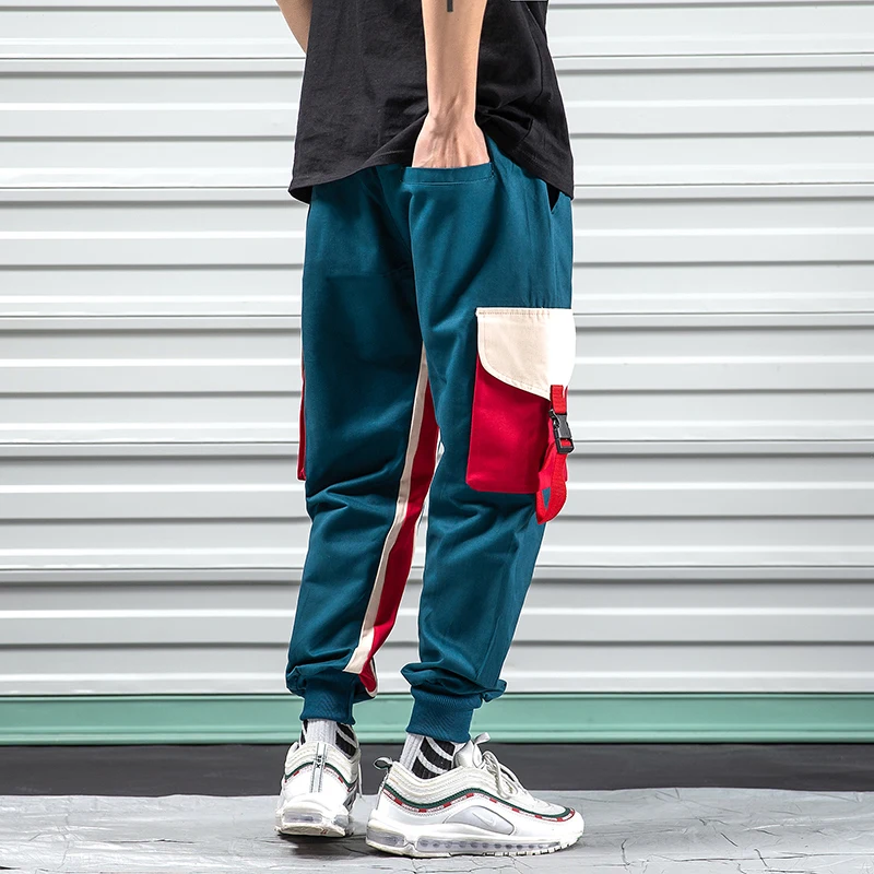 Patchwork Cargo Harem Pant Men Hip Hop Pockets Casual Jogger Trousers Drawstring Waist Mens Harajuku Streetwear Pants