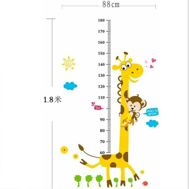 Мультяшные Животные Жираф Обезьяна Дети измерение роста диаграмма настенные стикеры милые детские комнаты стены Искусство DIY Декор - Цвет: Цвет: желтый