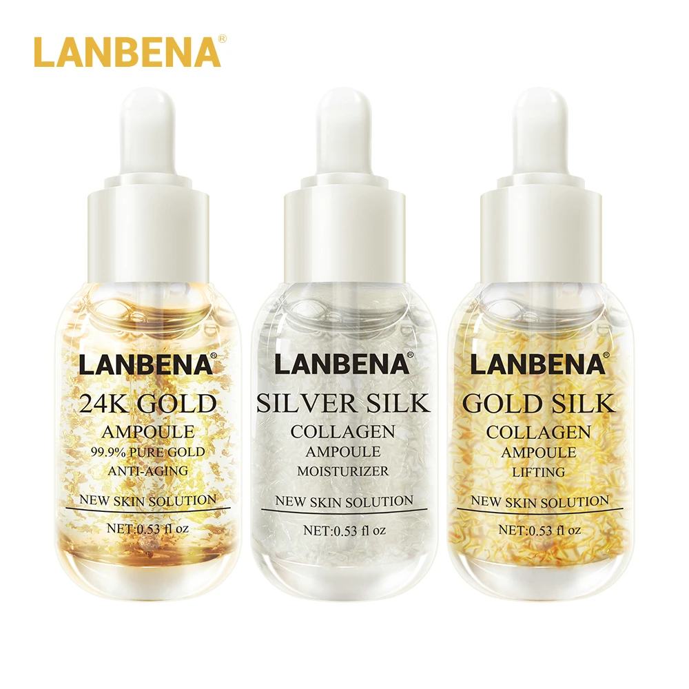 

LANBENA 24K Gold+Silver Silk+Gold Silk Collagen Ampoule Serum Anti-Wrinkle Lighten Spots Nourishing Repairing Skin Care 3PCS