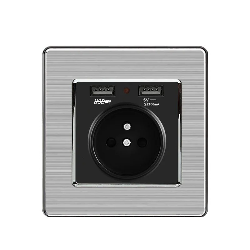 

2019 Black Dual Usb Charging Port 5v 2.1a Wall Charger Adapter Led Indicator 16a French Power Socket Stainless Steel Panel
