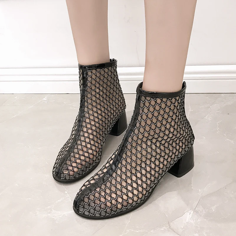 

High-Top Mesh Sexy Sandals Women Summer 2019 Square Heels Breathable Women Shoes Trendy Soft Transparent Sandals Ladies Black