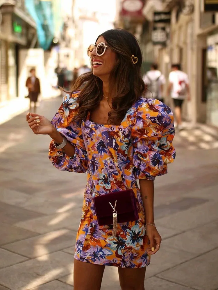 Prix Élégant Chic Floral imprimé lâche manches robe Za 2019 Vintage élégant femmes col carré Mini robes
