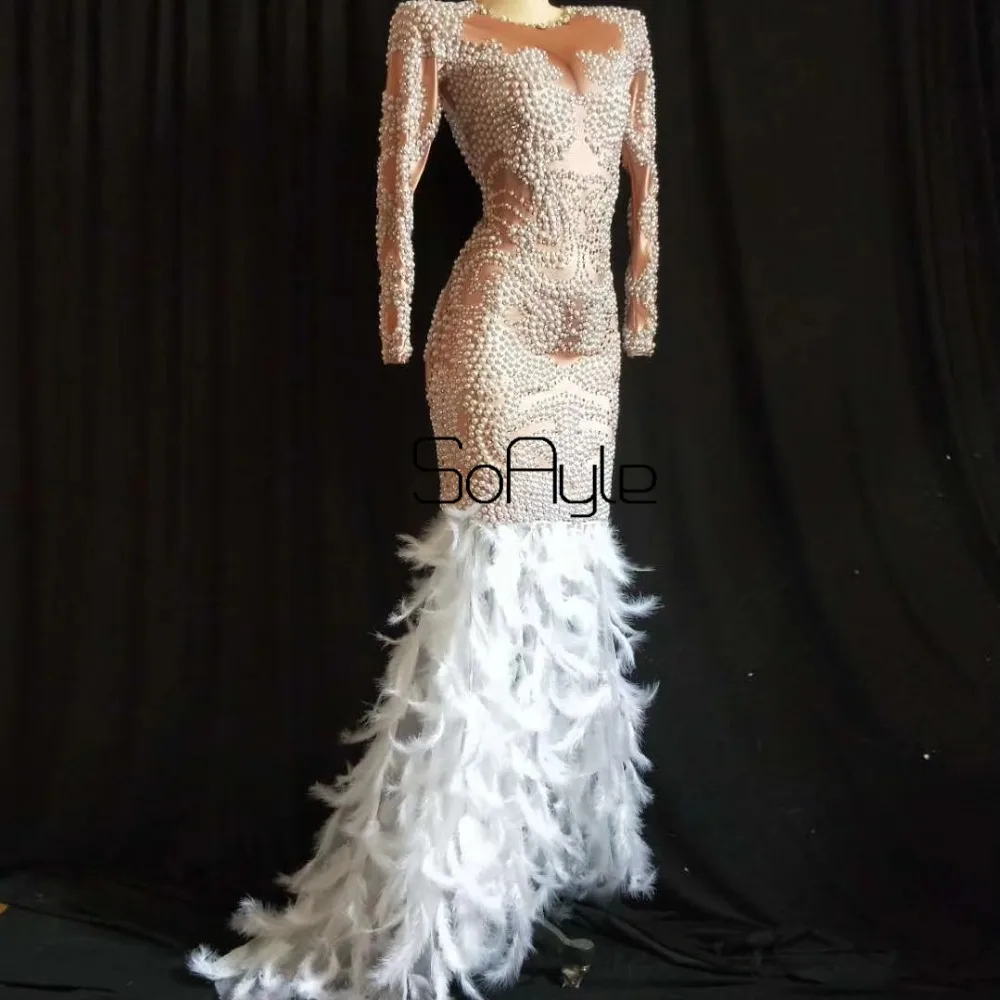 Luxury Pearl White Feather Prom Wear O neck Long Sleeve Dance Stage Dj ...