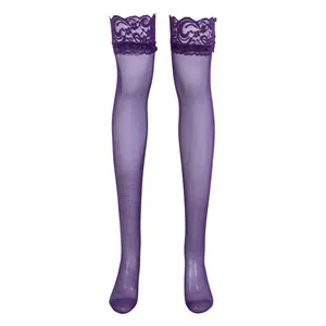 Модные, пикантные Для женщин прозрачный кружевной топ оставаться высокие сапоги до бедра на шнуровке с самодержащиеся чулки колготки - Цвет: Фиолетовый