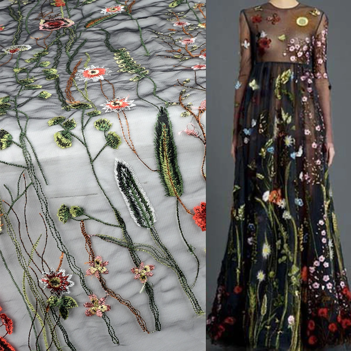 Новая ткань, украшенная вышитыми цветами, черный цветок, сетка, Свадебное кружево для свадебной вуали, ткань 135x100 см