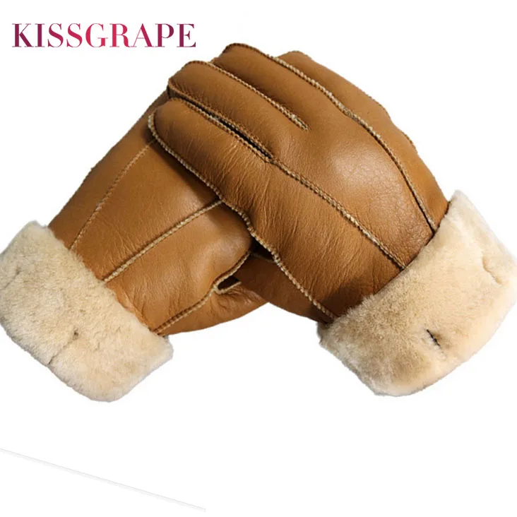 Men Winter Gloves Genuine Sheep Fur Thermal Goat Fur Cashmere Real Leather
