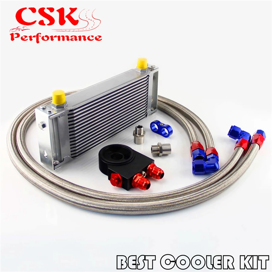 16 Row Engine Oil Cooler Kit AN10 Thermostat Sandwich Plate + Oil Lines Kit Silver/Black on