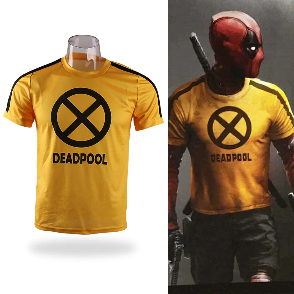 

2018 Movie Deadpool 2 Superhero Yellow Slim Short Polyester Short Sleeve Cosplay Mens T-shirts Tee Shirts Costume Halloween