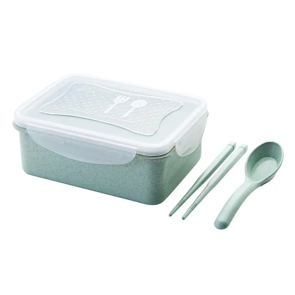 Зеленый Ланч-бокс с вилкой нож Пшеничная солома мультфильм bento box Портативный экологически чистый контейнер для хранения еды для детей студентов - Цвет: Зеленый