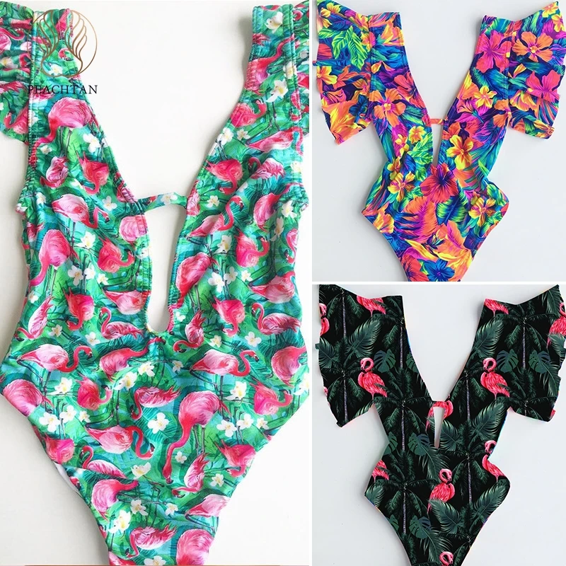 Peachtan Ruffle floral print bikini 2019 new High cut swimsuit one piece Deep v-neck swimwear women bathing suit Summer beach | Спорт и