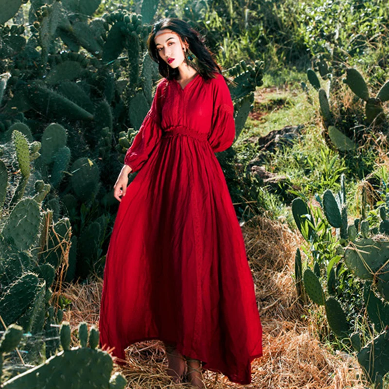 KHALEE YOSE красное винтажное платье Макси женское летнее Хлопковое платье в стиле бохо с v-образным вырезом и открытой спиной Имперское длинное пляжное платье - Цвет: Wine Red