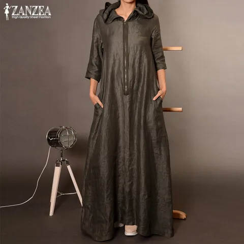 Vestido de Verão Longa com Capuz Casual para Mulheres Zanzea Feminino Robe Túnica Manga Casual Tamanho Grande Punk Outono 2020 Mulher