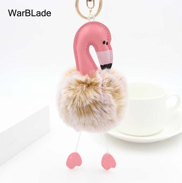 New Flamingo Pompom Keychain Fluffy Fake Rabbit Fur Ball Key Chain Porte clef Women Car Bag pompon Key Ring Accessories