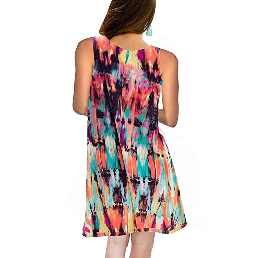 Fashion Summer 2019 Women Dress Sleeveless O-Neck Print Casual Beach Dress Loose Mini Dress Short Plus Size Dress Women Vestidos