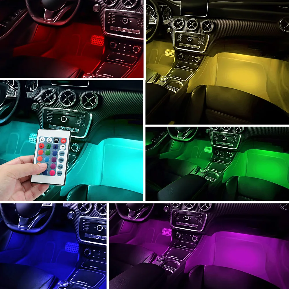 Подсветка салона авто 4x9 светодио дный автомобиль красочный RGB Свет Интерьер пол Атмосфера лампы полосы Универсальный декоративный свет с пультом дистанционного управления автомобиля Стайлинг