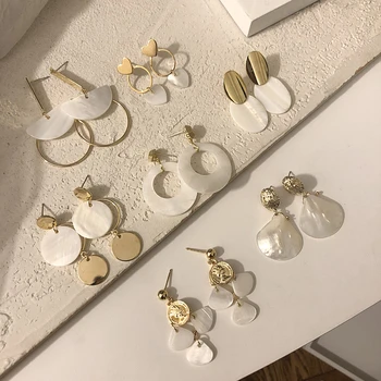 HUANZHI 2019 Korean New Gold Metal geometric Round Circle Square Love Heart Shell Drop Earrings for.jpg 350x350 - Love Heart Shell Drop Earrings for Women