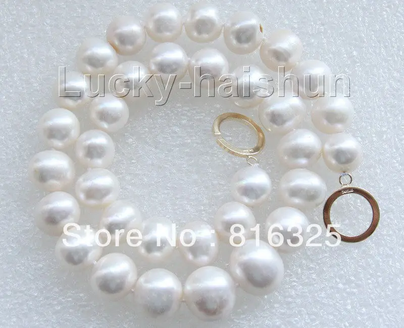 

FREE SHIPPING>>17" 14mm natural near round white pearls necklace filled gold clasp