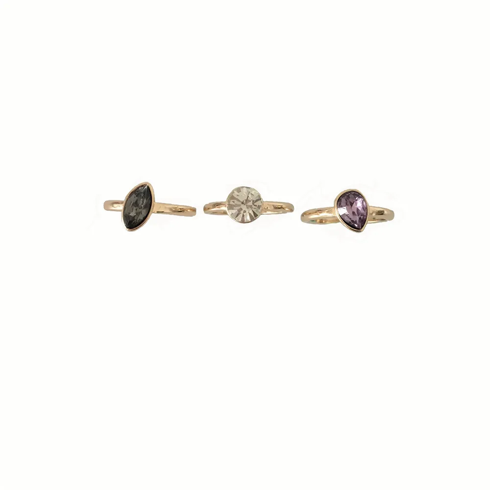

GORGEOUS GOLD COLOR PLATING PURPLE CLEAR BLACK STONE 3 PIECE IN ONE RING SET