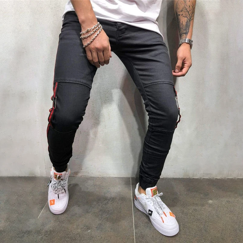 

Fashion Street Men Knee Ripped Big Men Jeans Street wear Skate board Straight hip hop Pants Man Casual Elastic Jeans