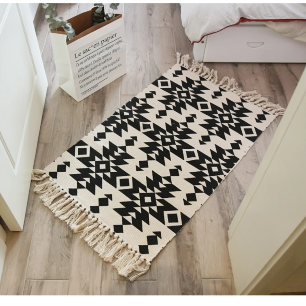 

RAYUAN Morocco Blending Carpets Black and White Geometric Mat Fringed Tapestry Carpet Doormat Rug Home Decor 60x90CM 60x130CM