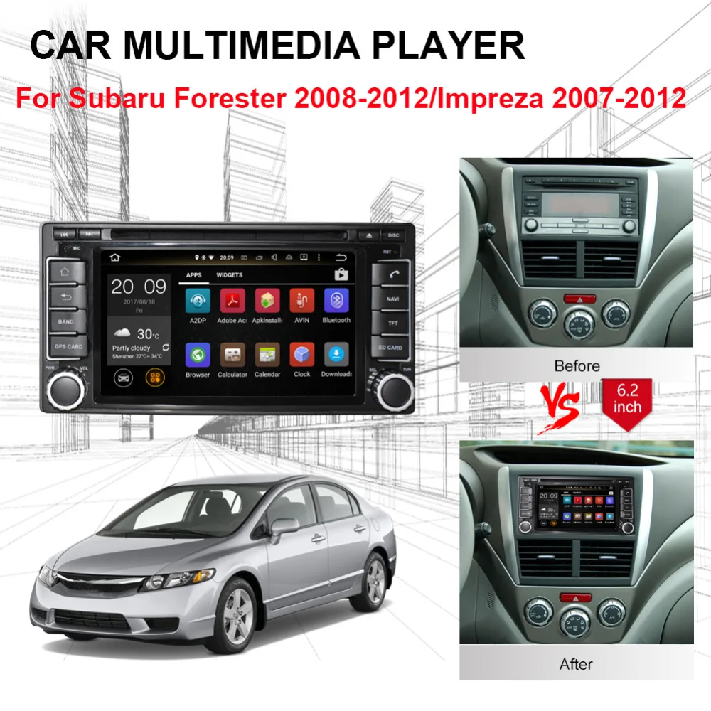 Perfect 4GB RAM Android 8.0 Car CD DVD Multimedia Player with Bluetooth For Subaru Forester 2008-2012/Impreza 2007-2012 Wifi OBD DAB+ 3