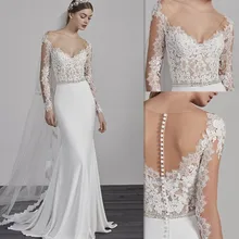 Тюль v-образным вырезом с длинным рукавом длиной до пола русалка свадебное платье с бисером Пояс развертки Поезд Тюль Кнопка обратно свадебное платье