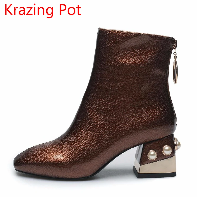

2020 Large Size Genuine Leather Pearl Zipper Square Toe High Heels Keep Warm Metal Buckle Handmade Ankle Boots for Women L6f6