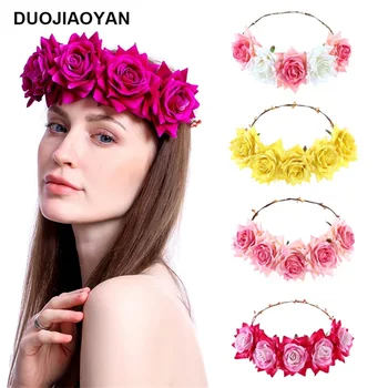 

DUOJIAOYAN Rose Flower Head Band Garland Flower Crown Wedding Bride Wreath Women Hair Accessories Floral Headpiece