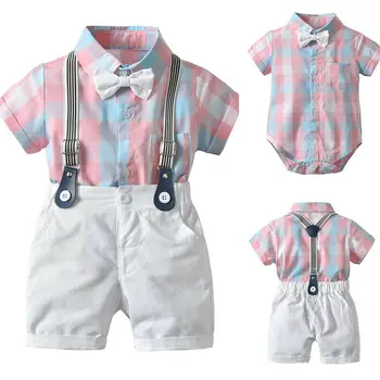 

2019 Summer 2pcs Toddler Kids Baby Boy Gentleman Outfit Clothes Pink Plaid Bowknot T-shirt Top+Solid Color Shorts Set