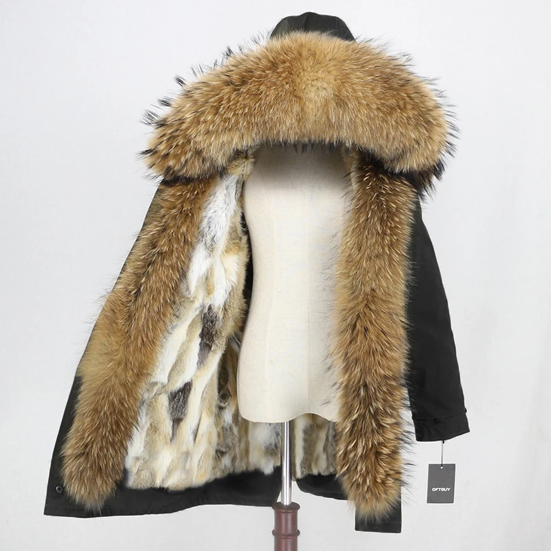 OFTBUY Водонепроницаемая тканевая парка зимняя куртка женская шуба из натурального меха енота капюшон Подкладка из натурального кроличьего меха уличная одежда - Цвет: black natural E