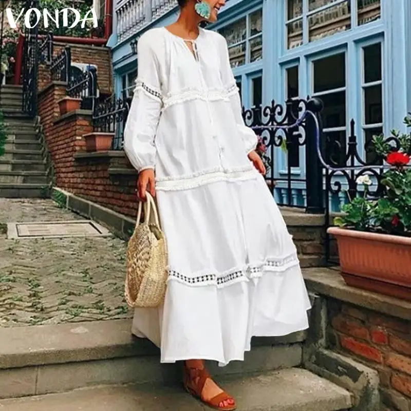 Bohemian Maxi Maternity Dress VONDA Autumn Sexy Casual Pregnancy Vestidos Lantern Sleeve V Neck Hollow Out Party Dresses