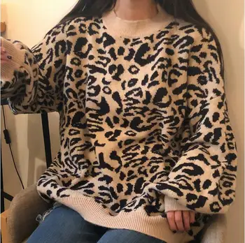 

Autumn and winter loose o-neck bat long sleeve leopard pullover knit sweater