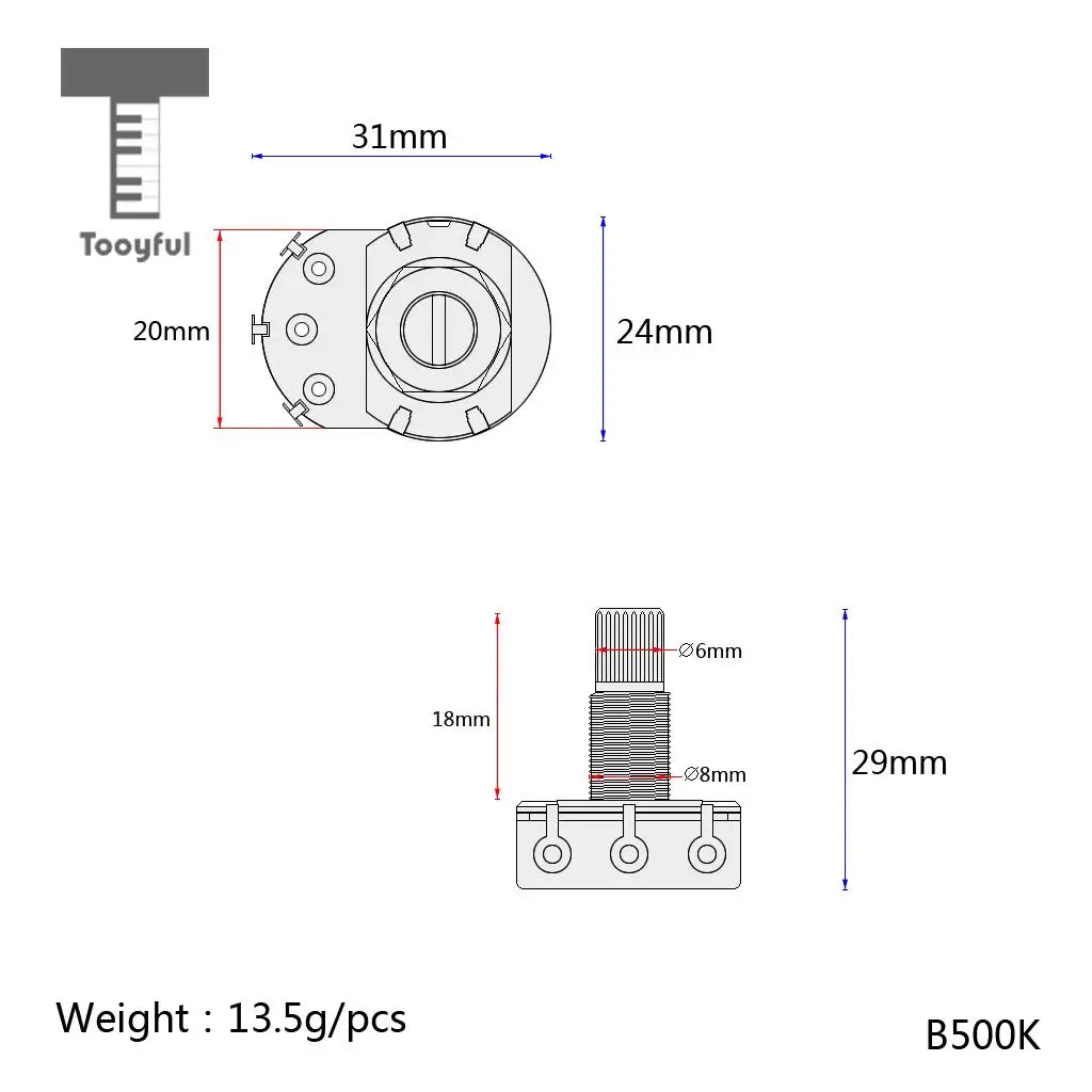 Tooyful 2 Pieces Taper B500K Potentiometer Audio Tone Pots 18mm Split Shaft for Electric Guitars Bass Parts 