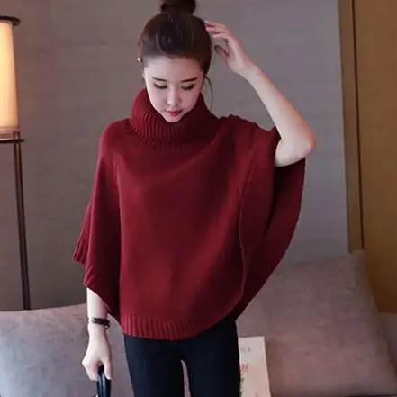 

Winter Women Turtleneck Pullover Plus Size Loose Batwing Sweater Ladies Knitted Ponchos and Capes Coat DC750