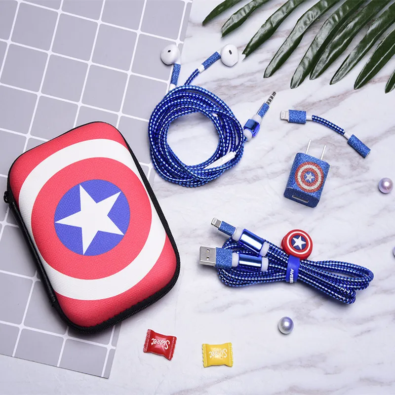 

1.5M Cute Cartoon USB Cable Earphone Protector Set With Cable Winder Stickers Spiral Cord Protector For iphone 5 6 6s 7 8plus