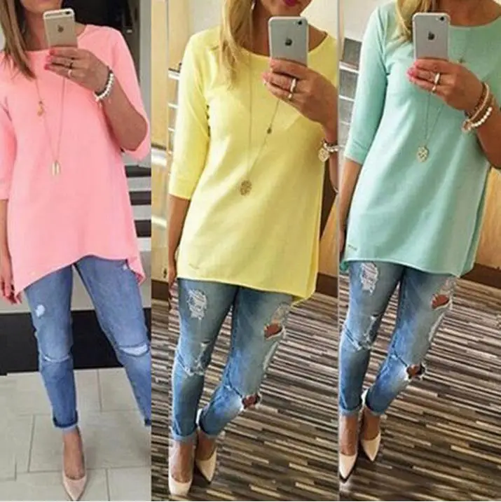 

1PCS Candy Color Female Beach Casual Tunics Women's Fashion Shirt 3/4 Sleeve Long Tops