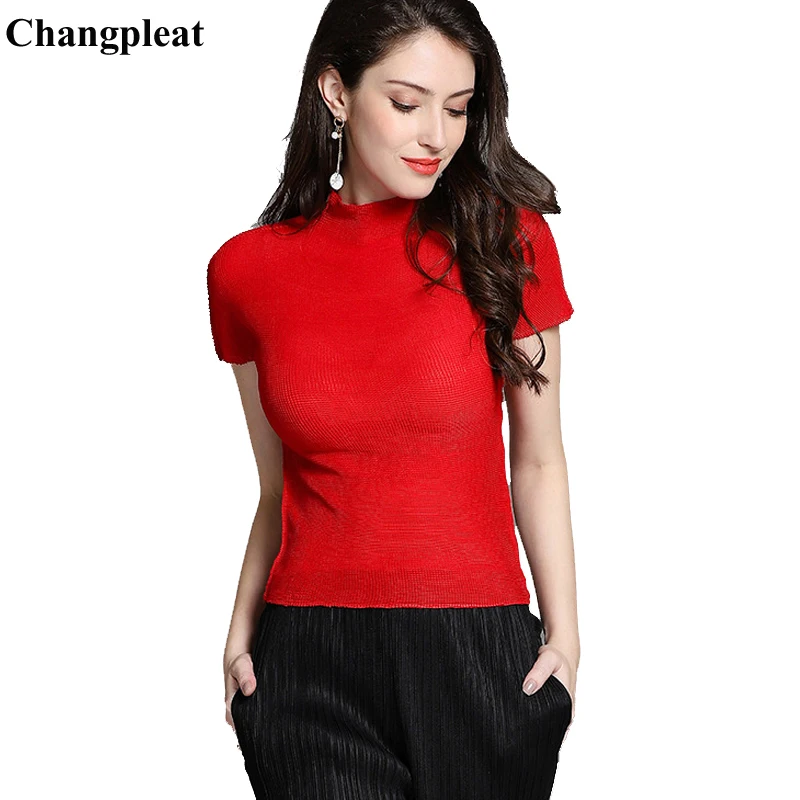 

Changpleat New turtleneck super elastic Women Tops T-shirts Miyak Pleated Fashion Slim Solid Short Sleeve Female T-shirt Tide T9