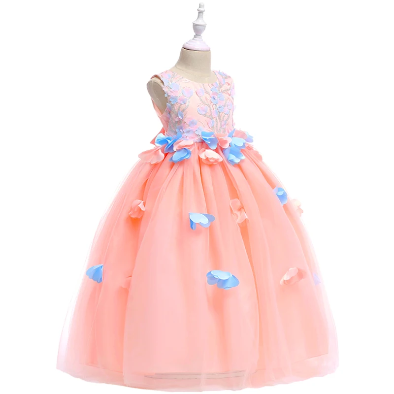 Лучшие продажи аппликации лепесток Принцесса Вышивка симпатичное Цветочное платье для девочки вечернее платье длинное платье с большой
