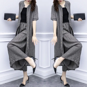 

Plus Size Stripes Two Piece Set Top And Pants Wide Leg Casual Woman Suit Year-old Female Costume Conjunto Feminino Tracksuit