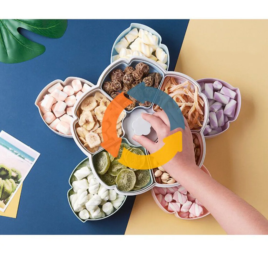 

Nordic Wind Rotating Fruit Box Candy Box Fruit Plate Melon Nut Box with Phone Bracket Holder Double Layers Cherry Blossom Shape