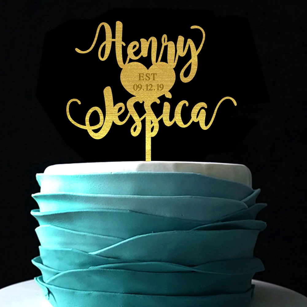 Пользовательские Каллиграфия пара имя свадебный торт Топпер Золотое сердце цвет для печати деревянный для торта топпер для украшения свадьбы