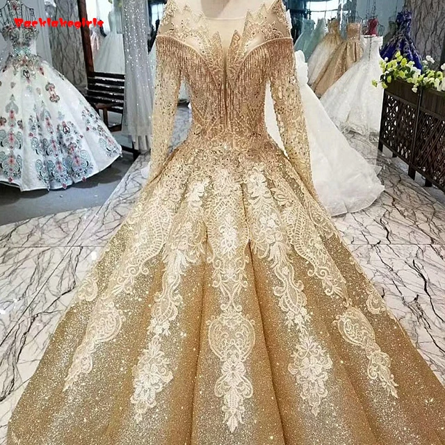 

30554 Gold Embroidery Wedding Dress Tassel Beads Lace Appliqued Shinning Sequined Luxury Wedding Dress