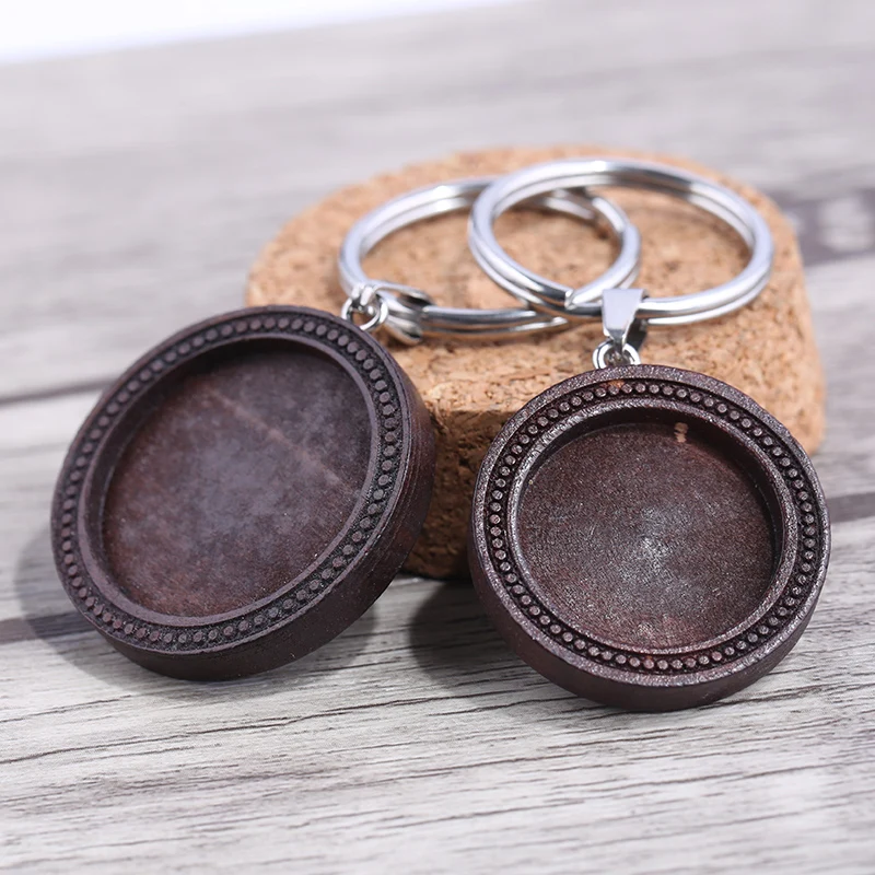 

reidgaller 5pcs fit 20mm 25mm round wood cabochon keychain base settings stainless steel keyring diy key chain bezel trays