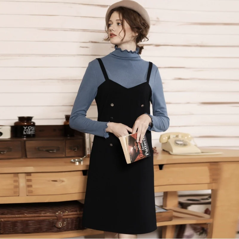 dress female T-shirt Women's Sets Women's Clothing women's autumn new high-necked wooden ear fake two-piece knit suspender dress