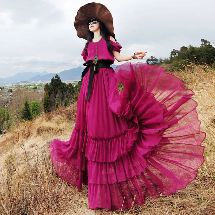 

2019 New Summer Ruffles Trip Dress O Neck Off The Shoulder Big Swing Bohemian Women Long Chiffon Dress Red Blue