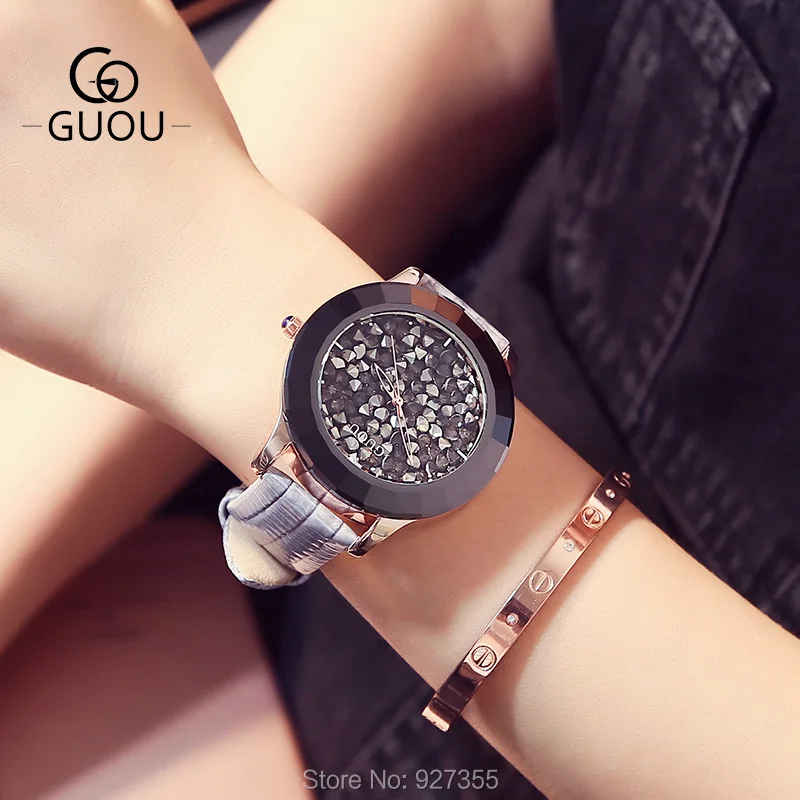 Новые модные женские часы с большим циферблатом, роскошные женские подарочные Стразы, серые наручные часы из натуральной кожи, водонепроницаемые часы