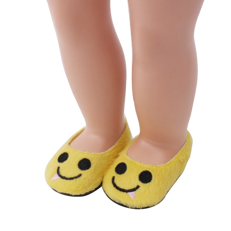 18 дюймов, с круглым вырезом, для девочек; обувь желтого цвета; Рисунок со смайликом, пушистые туфли американский новорожденного, аксессуары, малоенькая прогулочная коляска игрушки подходит 43 см для ухода за ребенком для мам малышей s210